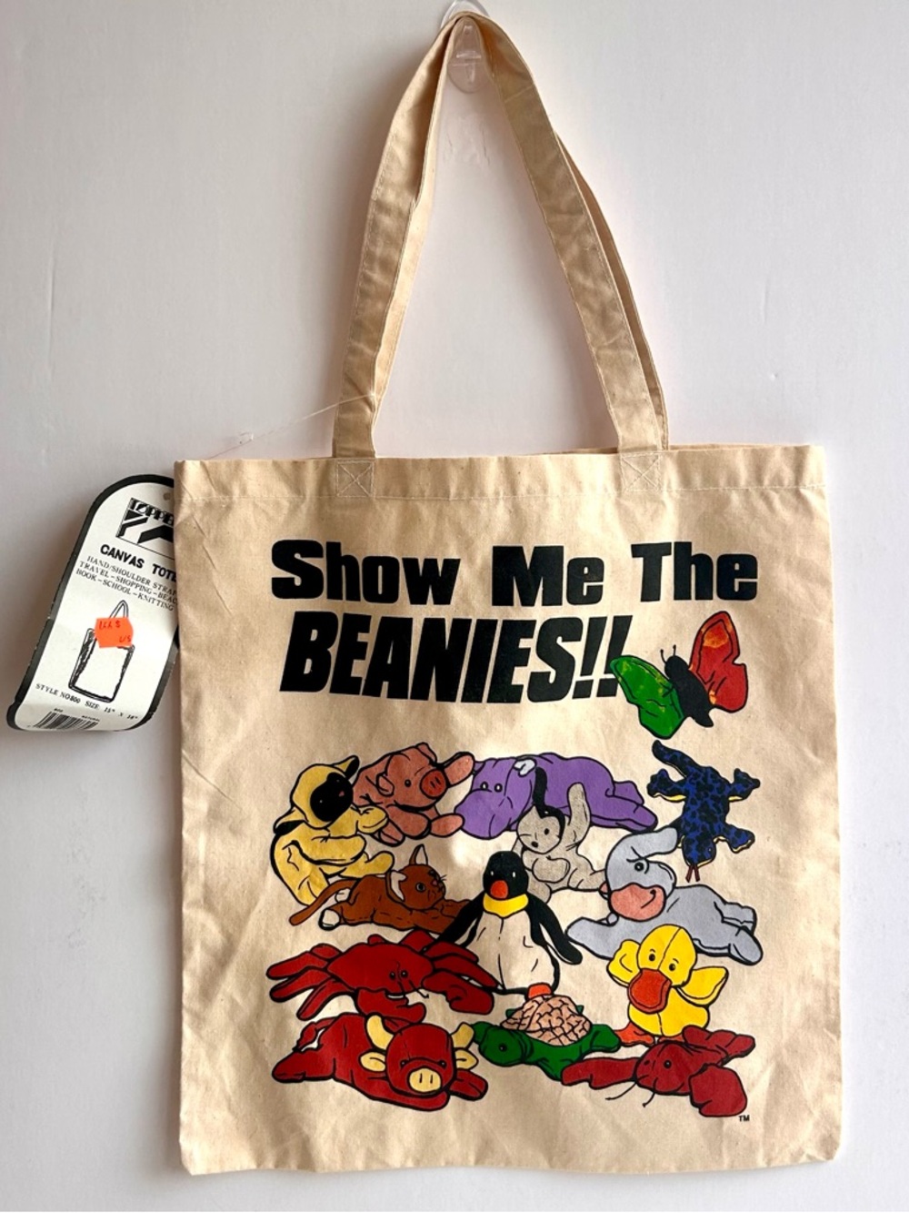 Show Me The Beanies!! Canvas Tote Bag - Beige with Colorful Beanie Babies Print